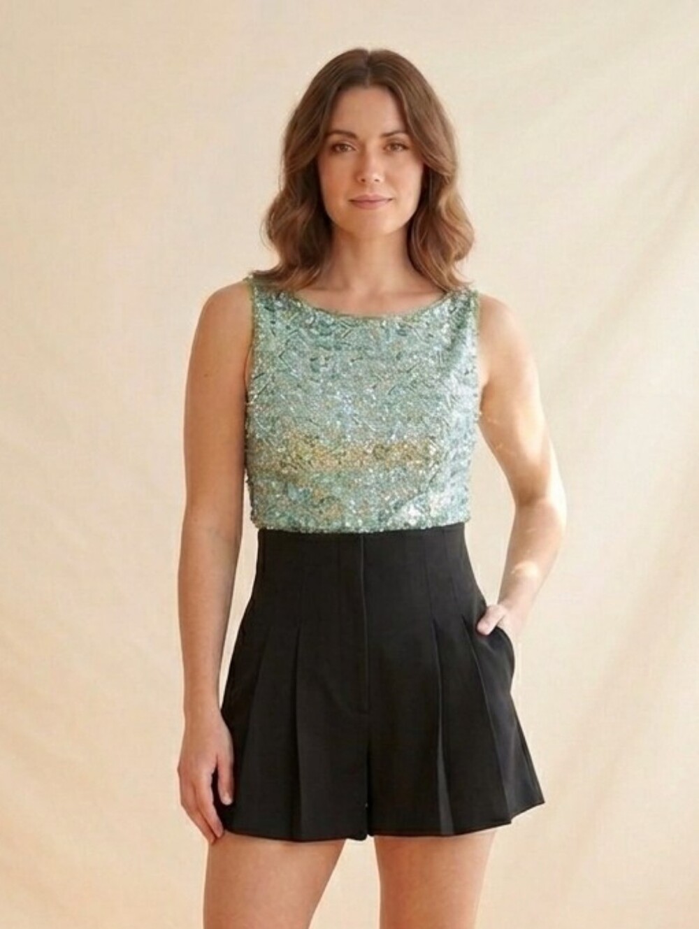Sequin And Beaded Top - Mint Green Sparkle L